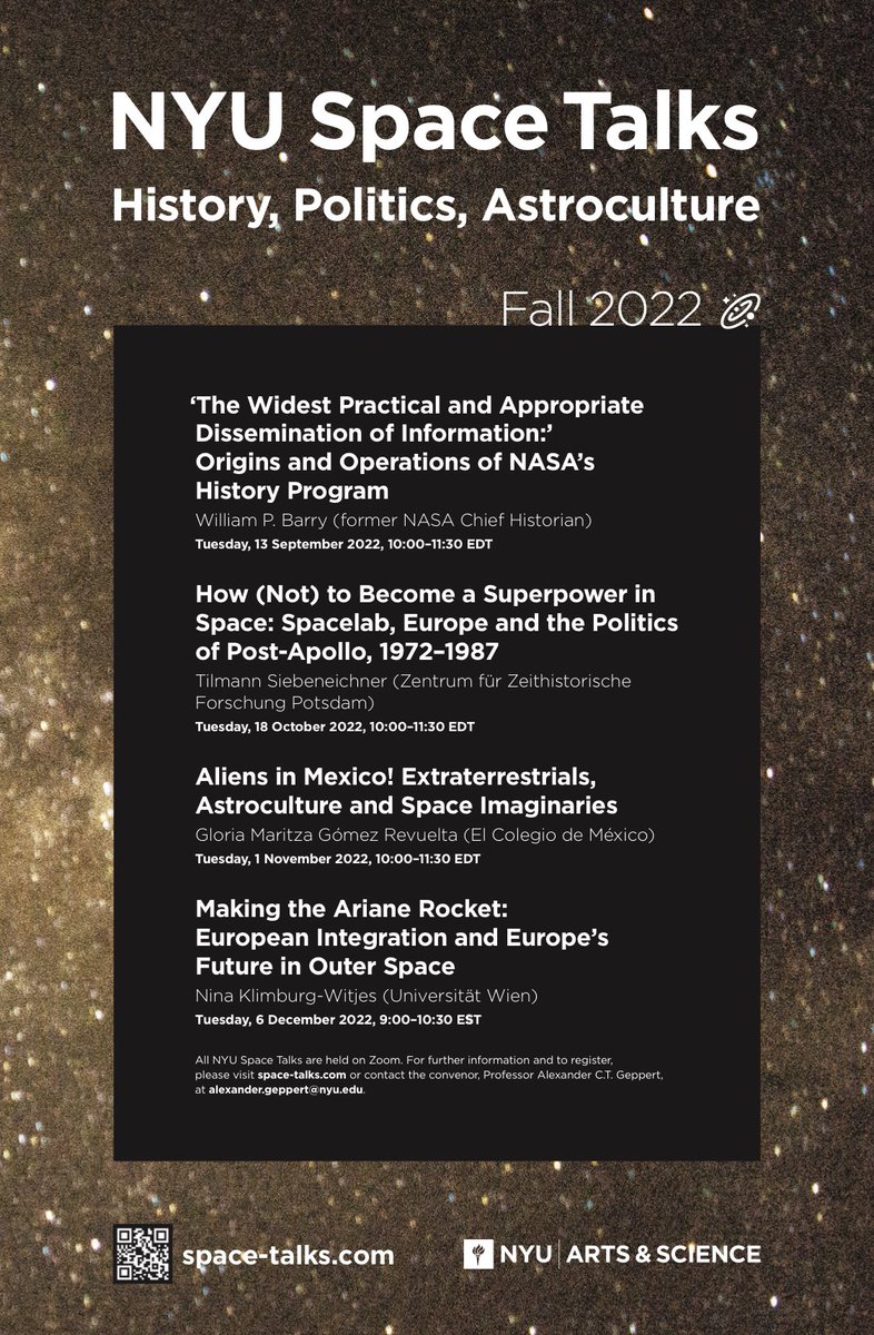 Social Studies of Outer Space (@ssosnetwork) on Twitter photo Great line up of speakers for the fall 2022 NYU Space Talks: History, Politics and Astroculture lecture series from @actgeppert <a href="/ArtsandScience/">NYU Arts & Science</a> <a href="/nyuniversity/">New York University</a>! For further details and to RSVP, please consult space-talks.com Great line up of speakers for the fall 2022 NYU Space Talks: History, Politics and Astroculture lecture series from @actgeppert <a href="/ArtsandScience/">NYU Arts & Science</a> <a href="/nyuniversity/">New York University</a>! For further details and to RSVP, please consult space-talks.com
