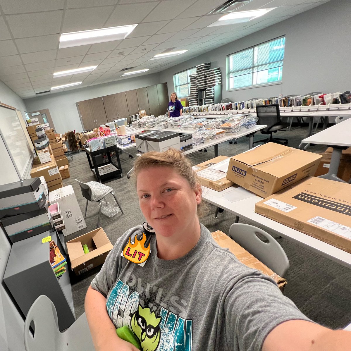 6 F&amp;P kits unboxed, bagged, and (all but 1) delivered! All boxes broken down. Totes unloaded. Teacher tools unboxed. Mentor Texts delivered. Just a few boxes of SR left! What a week, huh Mrs Jacobs? :) #owlaboutthebest