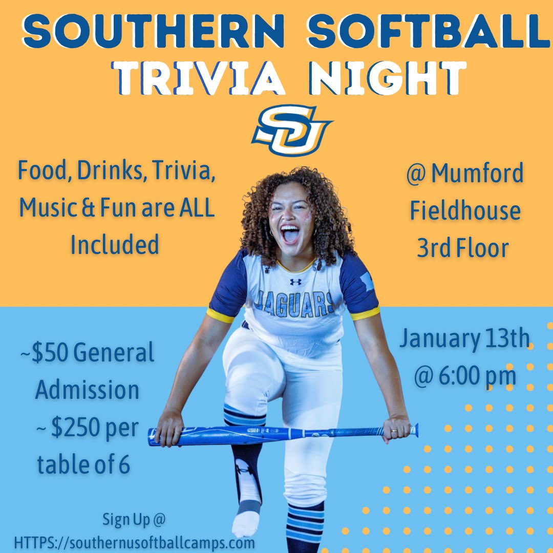 SUsoftball_'s tweet photo. SIGN UP NOW for the FIRST Annual Trivia Night! It will be a NIGHT you won’t want to miss! 🐆💛💙

#SUTriviaNight #SouthernSoftball #SouthernIsTheStandard https://t.co/KaFlfjFiRl