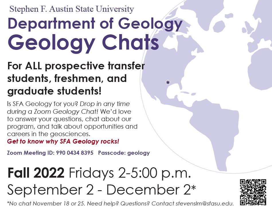 SFAGeology's tweet image. STARTS TODAY! So, you want to be a geologist? We’re on Zoom to answer your questions every Friday from 2-5 pm! Drop in!

#GeologyChats #SFAGeologyRocks #GeologyMajor #GeologyBS #GeologyTransfer #Transfer #GeologyMS #MasterOfGeology #Questions #GeologyProgram #Geology #Fall2022