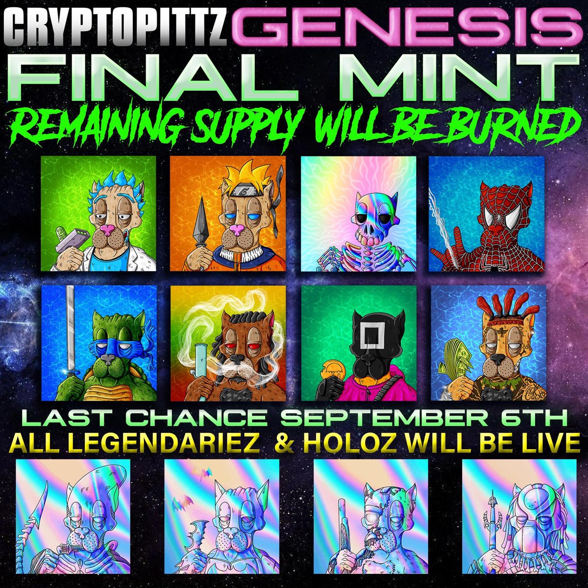 CryptoPittz's tweet photo. These Ally NFTs can be obtained as a BONUS to minters of our FINAL GENESIS SALE,on Tues September 6th which will include ALL remaining Legendary and Holoz. (1 $EGLD) After, a select few will go to our $BONEZ prize minter, but the remaining supply will be shocked with a BURN!🔥🔥 https://t.co/gOAbf5FgNZ