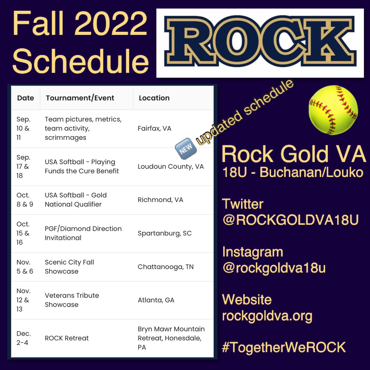 🆕💿🎶🥎
REMIX RELEASE: Fall 2022 Schedule ‼️
Rock Gold VA 18U
We are ready to ROCK!
#TogetherWeROCK