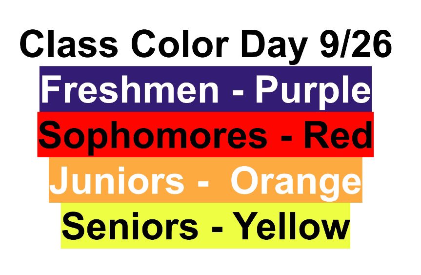 Class Color Day! Monday 9/26 💛🧡❤️💜<a href="/PSHS_Athletics/">Cougar Athletics</a> <a href="/boosters_cougar/">Cougar Boosters</a>