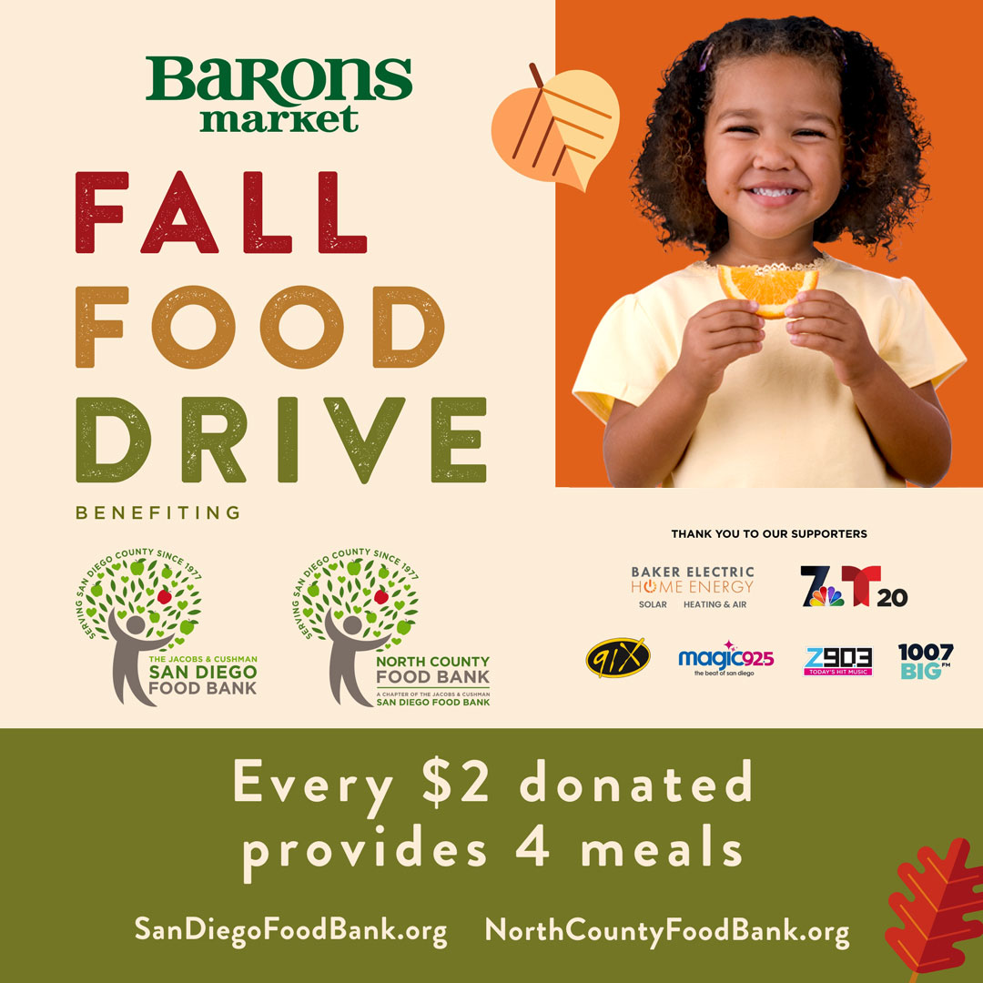 91X's tweet photo. Join us and #BaronsMarket for this year’s Fall Food Drive benefitting the Jacobs and Cushman 
@sdFoodBank!

Help feed families in need by donating at your local Barons Market all month long or online at https://t.co/feGYQfZBhw.

Find more info at https://t.co/ZtTx4ILsxj https://t.co/EXtVx9DxGi