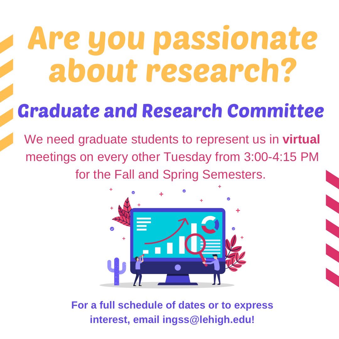 Lehigh Graduate Student Senate (@lehighgss) on Twitter photo Are you a graduate student interested in serving on the Graduate & Research Committee? The committee considers policies and procedures related to grad education & research! Reach out to ingss@lehigh.edu if you’re interested! Are you a graduate student interested in serving on the Graduate & Research Committee? The committee considers policies and procedures related to grad education & research! Reach out to ingss@lehigh.edu if you’re interested!