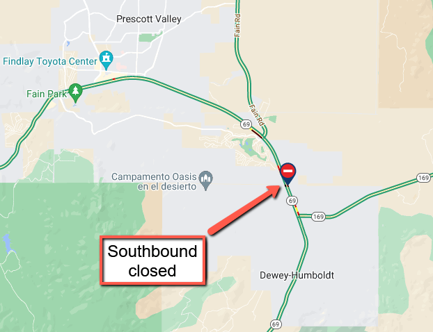 ArizonaDOT's tweet photo. *CLOSURE* *PLEASE SHARE*
State Route 69 is closed north of Dewey-Humboldt due to a crash at milepost 282.
Expect delays and seek an alternate route.
There is no estimated time to reopen the highway.
#aztraffic #SR69 https://t.co/TXax2AQCD2