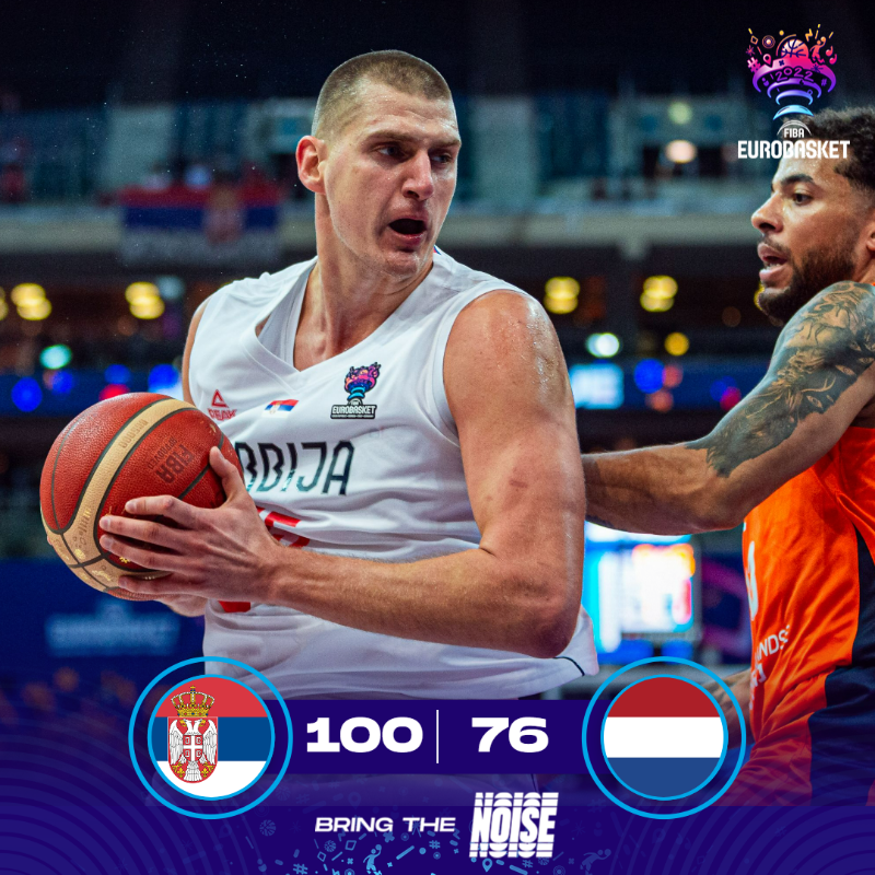 EuroBasket's tweet photo. 👑 Basketball is easy when you have a pair of MVPs: Micic 15pts, 12ast, and Jokic 19pts in three quarters, Serbia 1-0! #EuroBasket