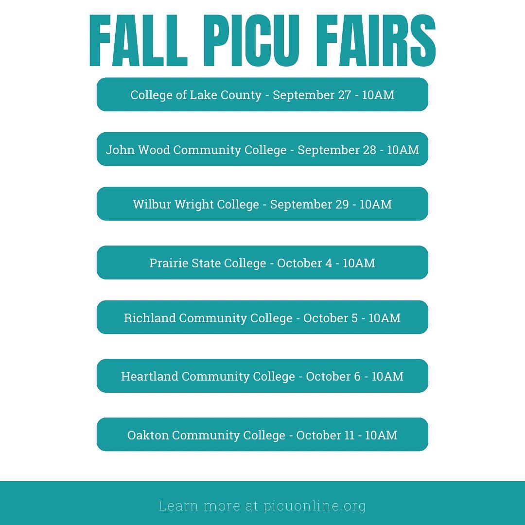 PICUonline's tweet photo. Mark your calendars! PICU Fairs are back and we’d love for you to join us this fall. If you have any questions, feel free to send us a message!

#Transfer #TransferStudent #IllinoisColleges #IllinoisUniversities #HigherEducation #CommunityCollege #CommunityCollegesofIllinois https://t.co/4G4VT5WVRd