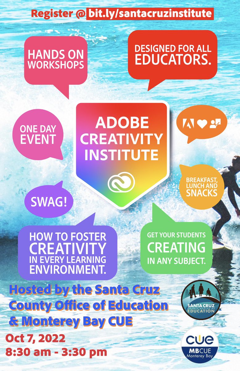 🚨 BIG NEWS 🚨 —- @AdobeForEdu Creative Institute is coming to Santa Cruz with @TheTechProfe !! Hosted by @santacruzcoe in partnership with @mbcue ✏️ Register today because space is limited! bit.ly/santacruzinsti…