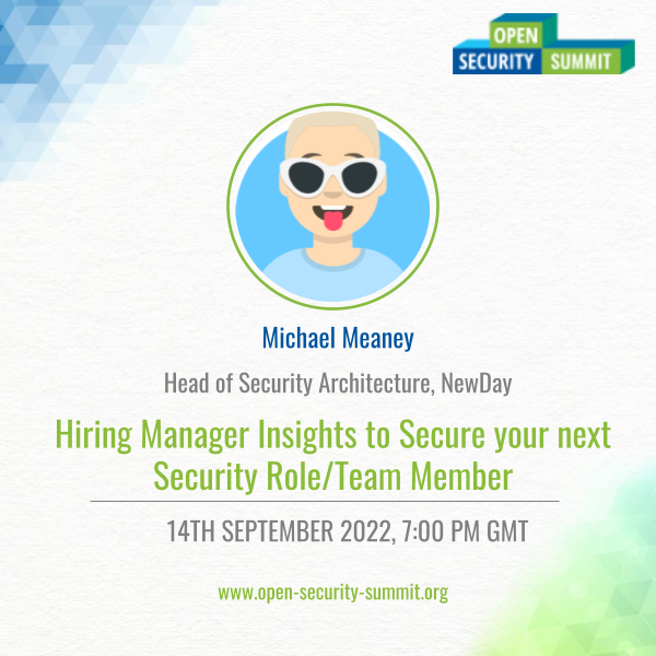 opensecsummit's tweet photo. Are you a hiring manager or applying for a security role? Want to know how to make yourself stand out?
If so, register for this session by Michael Meaney on the 14th of Sept. at 7:00 GMT.
Register: https://t.co/m9NQ6NiHm8
#OSS2022 #securityrole #hiringmanager #hiring #infosec https://t.co/QGEJf5d8JH