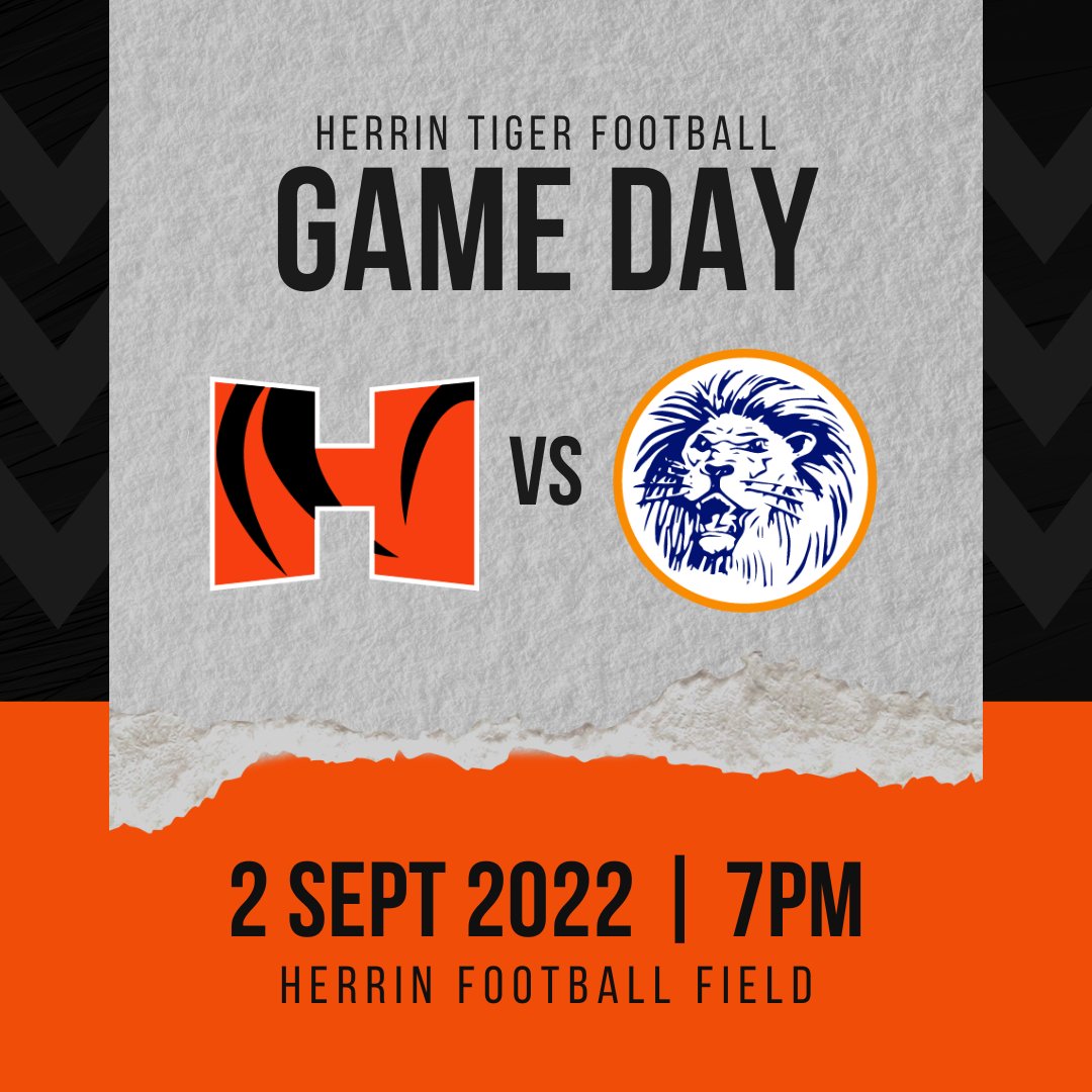 IT'S HERRIN TIGER GAMEDAY!! 🏈🐾

🏈 Herrin Tigers 🆚 Carterville Lions
⏰ Kickoff 7:00 
📍 Herrin Football Field

🎧 103.5 ESPN
📽Game will be live streamed via NFHS. Link below!

nfhsnetwork.com/events/herrin-…

Tonight's game is sponsored by Pass One Hour Heating &amp; Air.