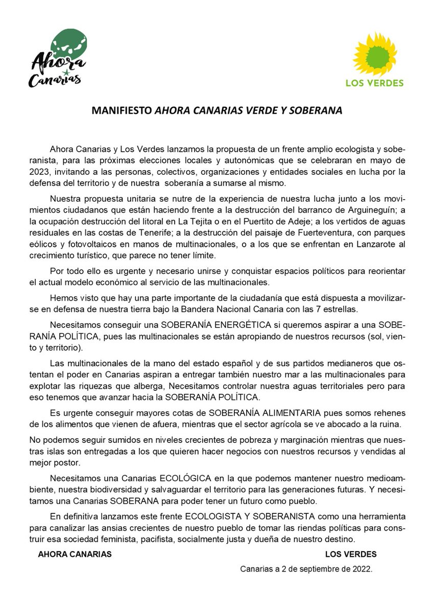 Desde Ahora Canarias nos complace comunicar que formamos coalición con <a href="/losverdes_can/">Los Verdes</a> para conseguir, entre todos, una #Canarias más verde y soberana e ir juntos a las próximas elecciones locales y autonómicas. 

💚 Por la defensa de nuestra tierra y de nuestra gente 💚