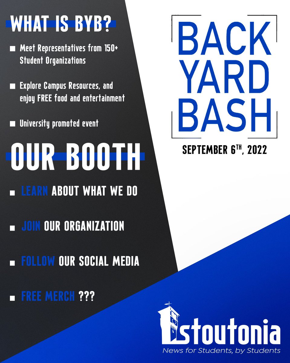 stoutonia's tweet photo. The Backyard Bash is BACK for the 2022-2023 academic year 💙

September 6th | 5 PM to 7:30 PM

This is a phenomenal opportunity to get involved on campus, and also come see your FAVORITE student organization 😉 … Us. 

#stoutonia #stoutproud #uwstout #menomoniewi https://t.co/YGyyV7n4VY