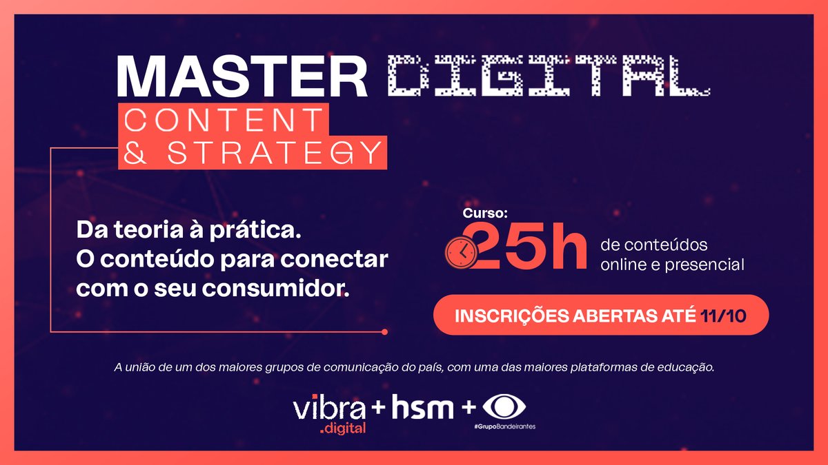 BandJornalismo's tweet photo. #MasterDigital é o novo curso que HSM, @BandTV e a Vibra Digital lançam para apoiar #líderes na construção de um plano de comunicação estratégico para que sua mensagem alcance resultados e uma comunidade engajada. Inscrições até 11/10. https://t.co/xTN3j8jxSf
#EstratégiaDigital https://t.co/uYm0jOd69C