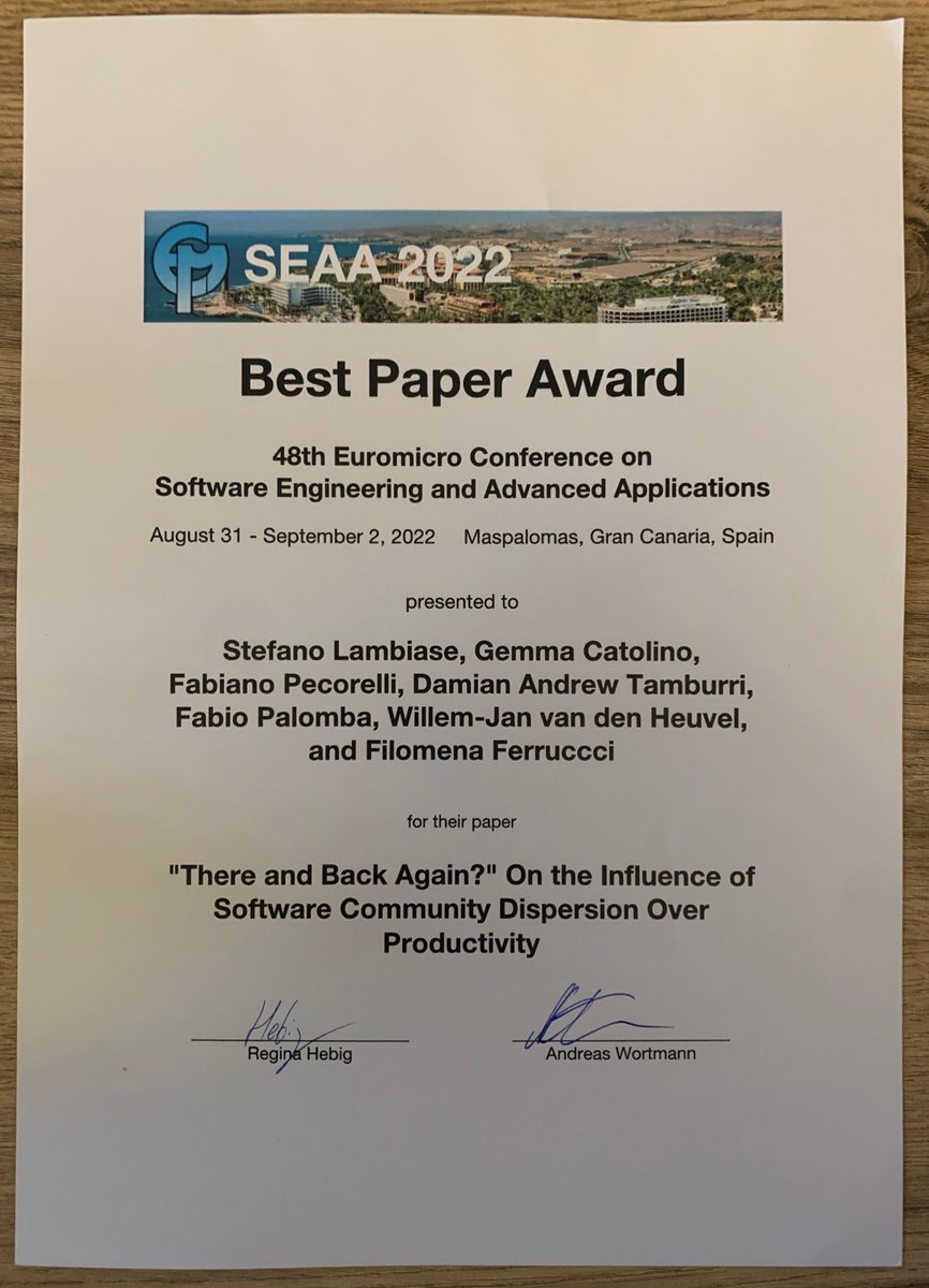 StefanoLambiase's tweet photo. Wonderful! Our paper, "There and back again?" got the Best Paper Award at @EuromicroOrg SEAA 2022! It feels great to be rewarded for hard work! 😼
Thanks to the co-authors @g_catolino @FabianoPecorel1 @maelstromdat @fabiopalomba3 W. J. van den Heuvel @filomenaferrucc 😻 https://t.co/sjNjZ7IuUH