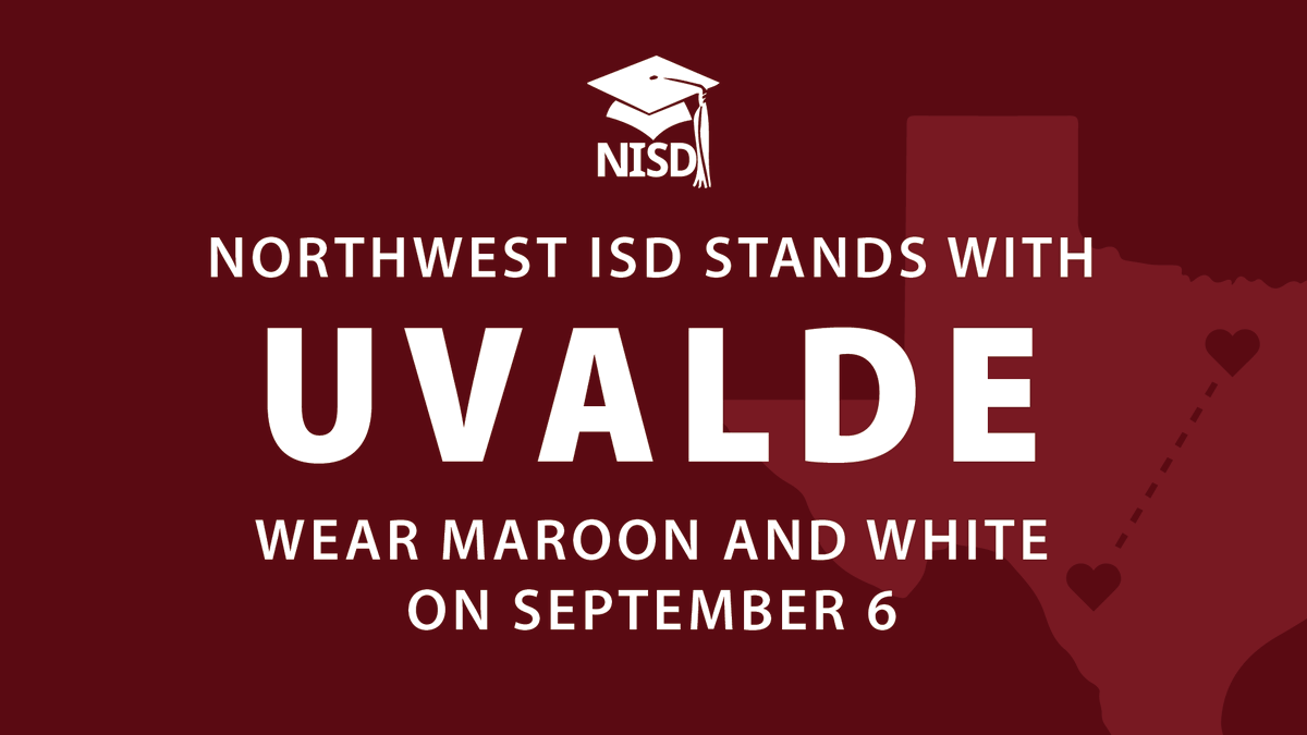 Join NISD in supporting Uvalde CISD when we return from our three-day weekend by wearing maroon! 

Tuesday, September 6, marks Uvalde CISD’s first day back in school since its tragedy, and we join others in expressing our support for their community’s continued path forward.