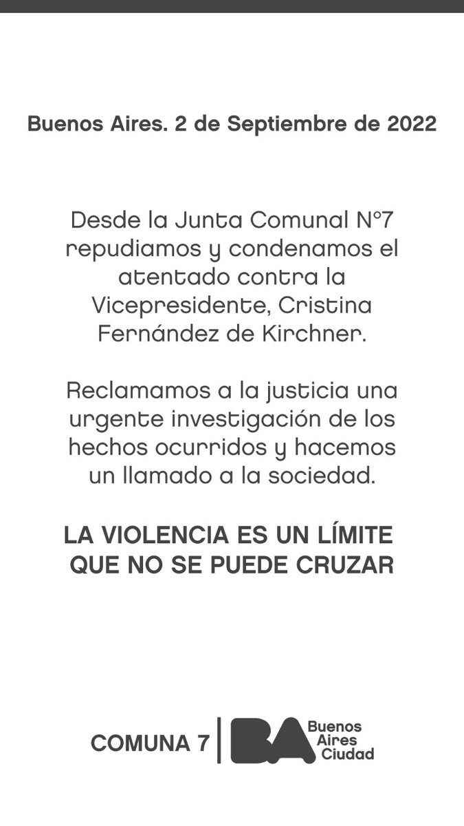 ubertinetti's tweet photo. Desde la Junta comunal 7 repudiamos el intento de magnicidio que sufrió @CFKArgentina 
Le exigimos a la justicia una investigación ágil y profunda sobre lo sucedido
Y llamamos a la sociedad a la reflexión

@todoscomuna7 https://t.co/BEteoVVDzf