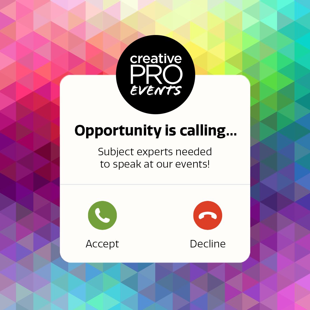 CreativePro_com's tweet photo. We’re looking for subject matter experts who want to make the world a better place by sharing their know-how at our education and training events. Will you answer the call?

Submit your ideas at https://t.co/eLfS7iLcXt https://t.co/KPp1owFC8q
