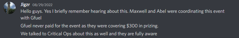 IFT_Tournaments's tweet photo. The second response of GIZER on why prizes were not paid for G-FUEL event: https://t.co/rCNF4oV0dW