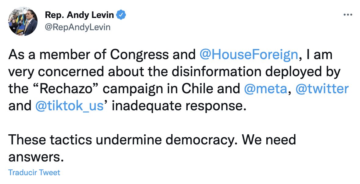 N_PrensaCL's tweet photo. 🔴 "Como miembro del Congreso y del Comité de Asuntos Exteriores, estoy muy preocupado por la desinformación difundida por la campaña del Rechazo en Chile", señala el congresista @RepAndyLevin, uno de los firmantes de la carta a CEOs de redes sociales publicada por @NYC_prensa. https://t.co/ce6AywrB9L