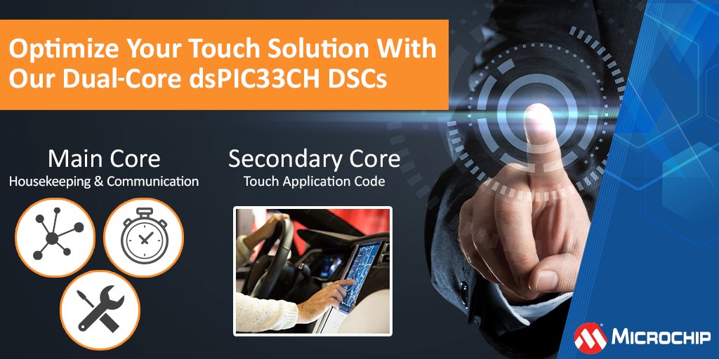 MicrochipTech's tweet photo. Isolate and customize applications to optimize your touch solution with the dual-core dsPIC33CH DSCs. The primary core serves as housekeeping depot while the secondary core implements safety-critical touch applications. https://t.co/tonmgDaLoS #microcontrollers #capacitivetouch https://t.co/LqjS0gUTri