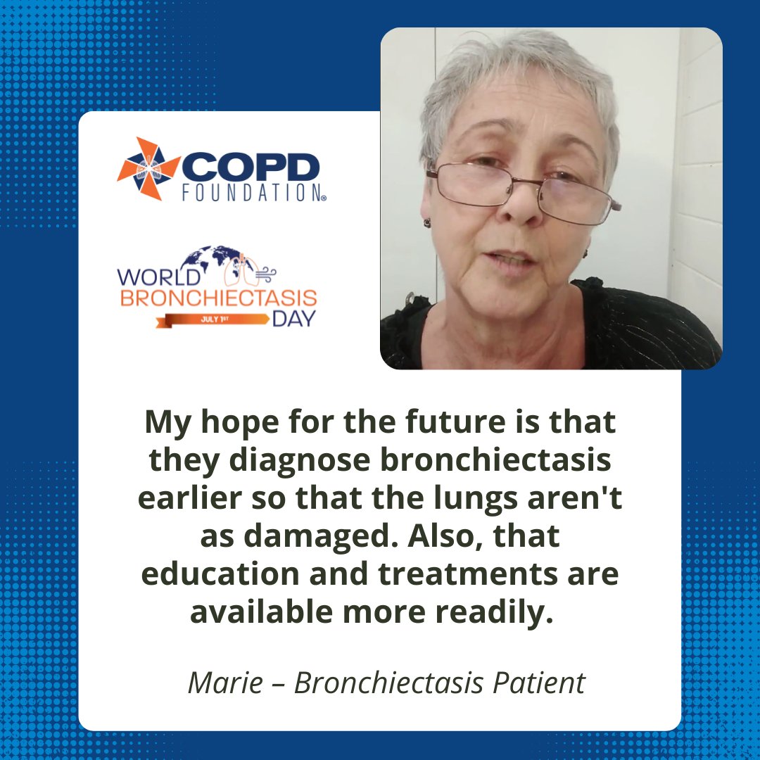COPDFoundation's tweet photo. It’s hard to believe that it has been almost two months since the inaugural #WorldBronchiectasisDay on July 1. But, our work didn’t stop on that day! We continue to advocate and support those living with #bronchiectasis, like Marie. Hear her story: https://t.co/7GeKwt2HIo https://t.co/mT86xCsDtY