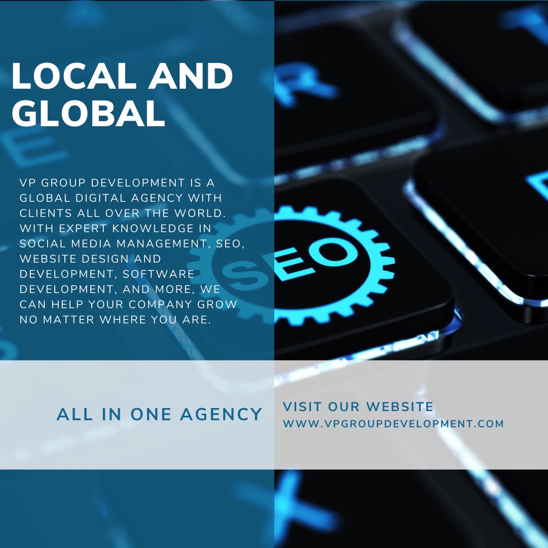 vpgroupdev's tweet photo. VP Group Development, Local and Global
VP Group Development is a global digital agency with clients all over the world. 
 #marketingagency #marketing #digitalmarketing #marketingstrategy #socialmediamarketing #marketingtips #marketingdigital #branding https://t.co/YHREqypJsL