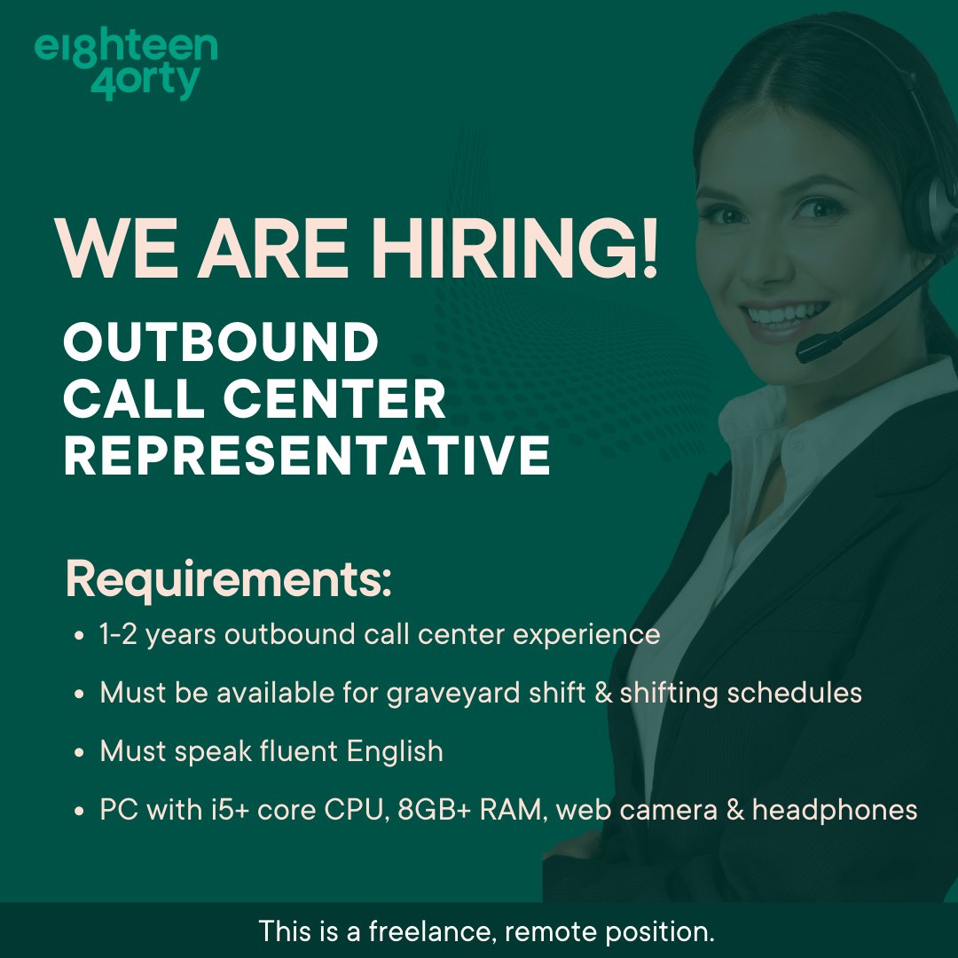 1840andCompany's tweet photo. We are hiring Outbound Call Center Representatives! If you have experience doing outbound calls in a BPO/high volume environment, this position is for you! Learn more and apply here 👉 https://t.co/PtmArQiZMz

#Freelance #remotejob #callcenter #outboundcallcenter #callcenterjobs https://t.co/TiJ5kEmT8R
