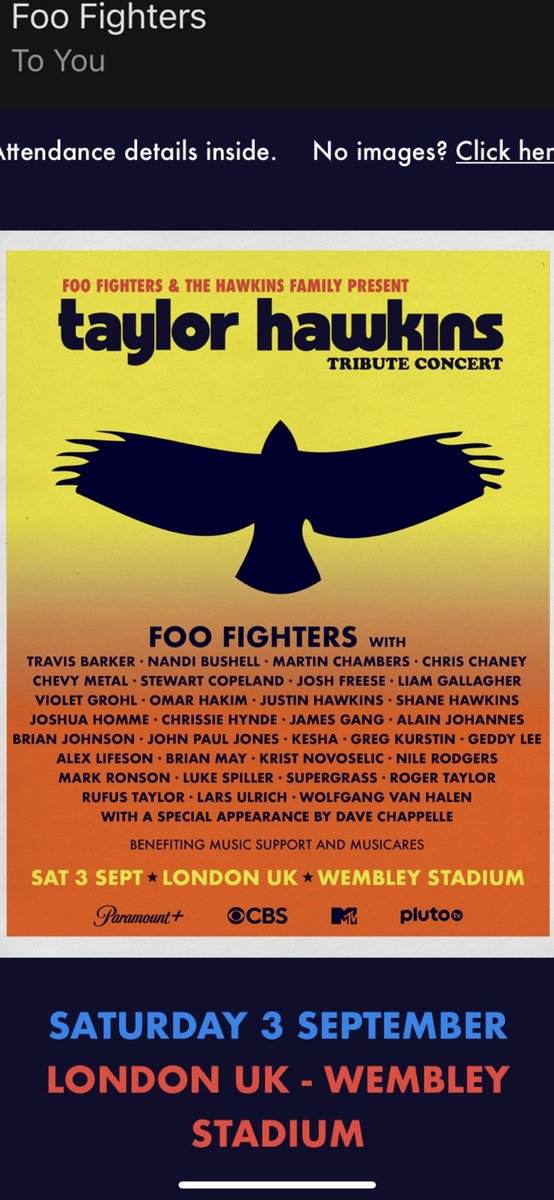 03MaxGold's tweet photo. Two tickets for sale @taylorhawkins @foofighters tribute gig Saturday Wembley, let me know! https://t.co/bdqW6Q0Ysm