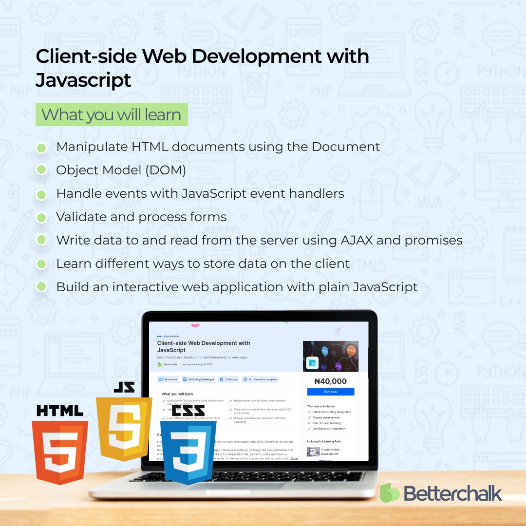 BetterchalkApp's tweet photo. ▫️Style web pages 
▫️Perform operations on a Linux machine with Command Line
▫️Fundamentals of programming using JavaScript
▫️Structure web pages,define elements that show up on the page
▫️Use JavaScript,add interactivity to web pages
▫️Develop web applications with React
#Coding https://t.co/RbmtDahebf