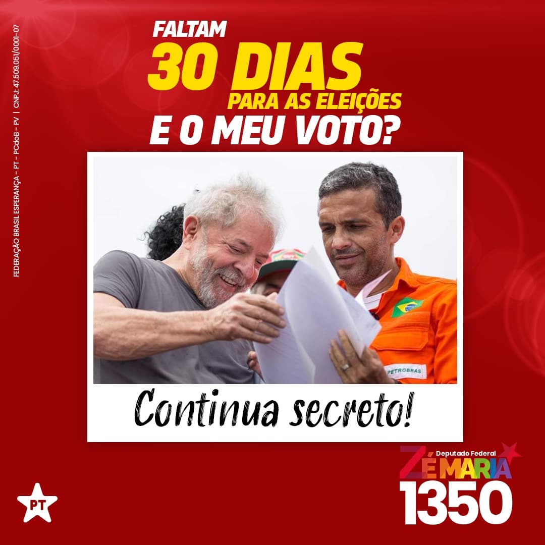 zemariarj's tweet photo. #Sextou! Faltam 30 dias para as eleições e o meu voto continua ultra-secreto. E o seu, guardado a #1350 chaves😏?
#ZeMaria1350 e #Lula13 pelo Rio e pelo Brasil!
#SemMedoDeSerFeliz #ZePeloRio #LulaPeloBrasil #Eleicoes2022 https://t.co/cA1miZMxfA