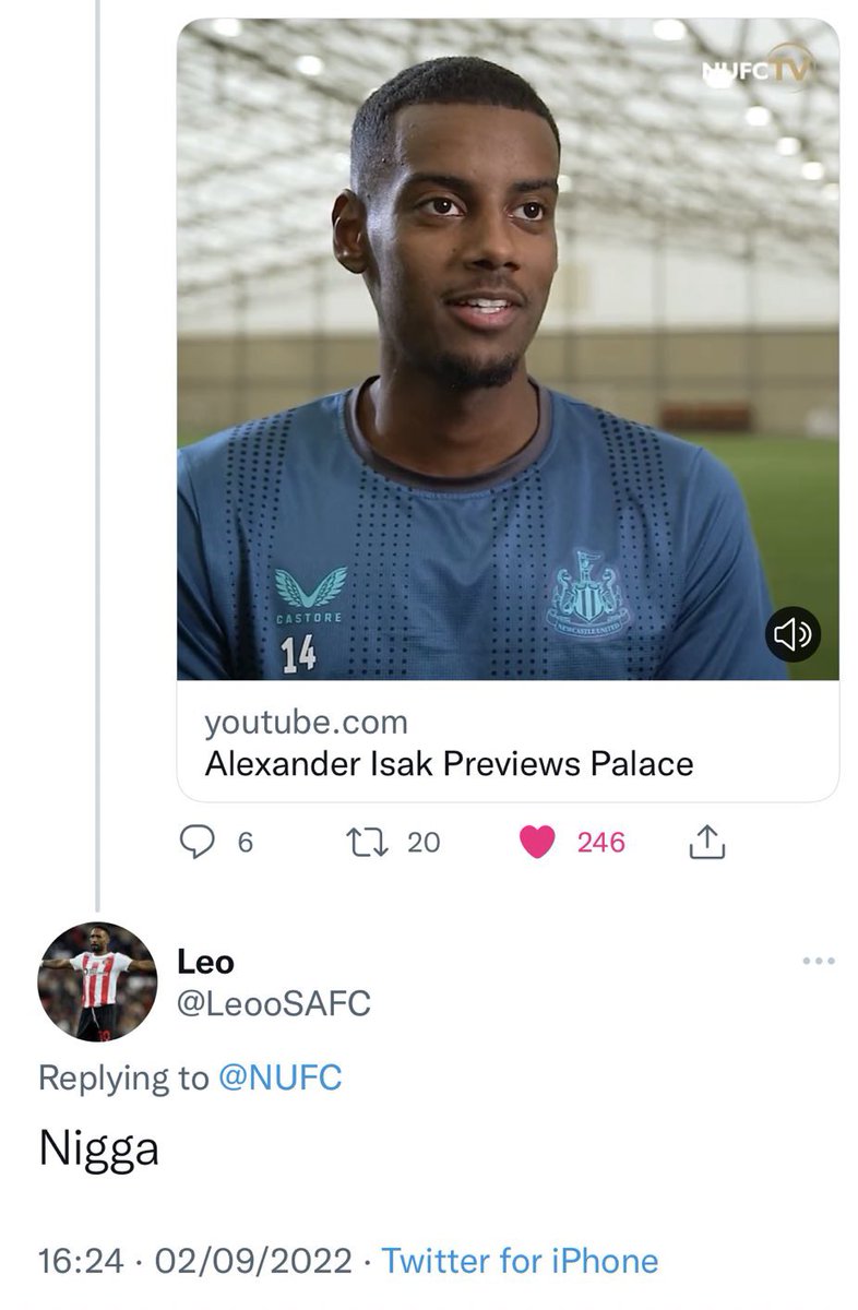 TonyToony31's tweet photo. This Sunderland fan is bang out of order and let's give racism the red card.
No place for this in this world.
#NoRoomforRacism https://t.co/9kBge1tVsq