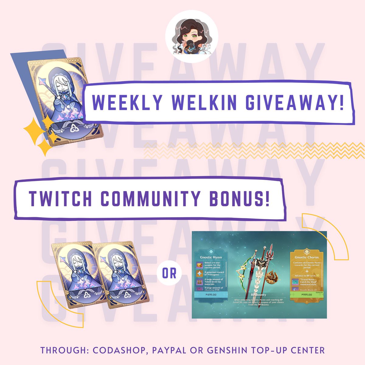 MoonbellaGaming's tweet photo. Weekly Blessing of the Welkin Moon

Upgraded to x2 welkin or Battle pass if part of my twitch community and win 💗
https://t.co/z1hZ4NpGMY

💕like
💕re tweet
💕follow

Winner announced Friday 9th Sept

Good luck every one 💖 have a fantastic week https://t.co/0AqywuPl60