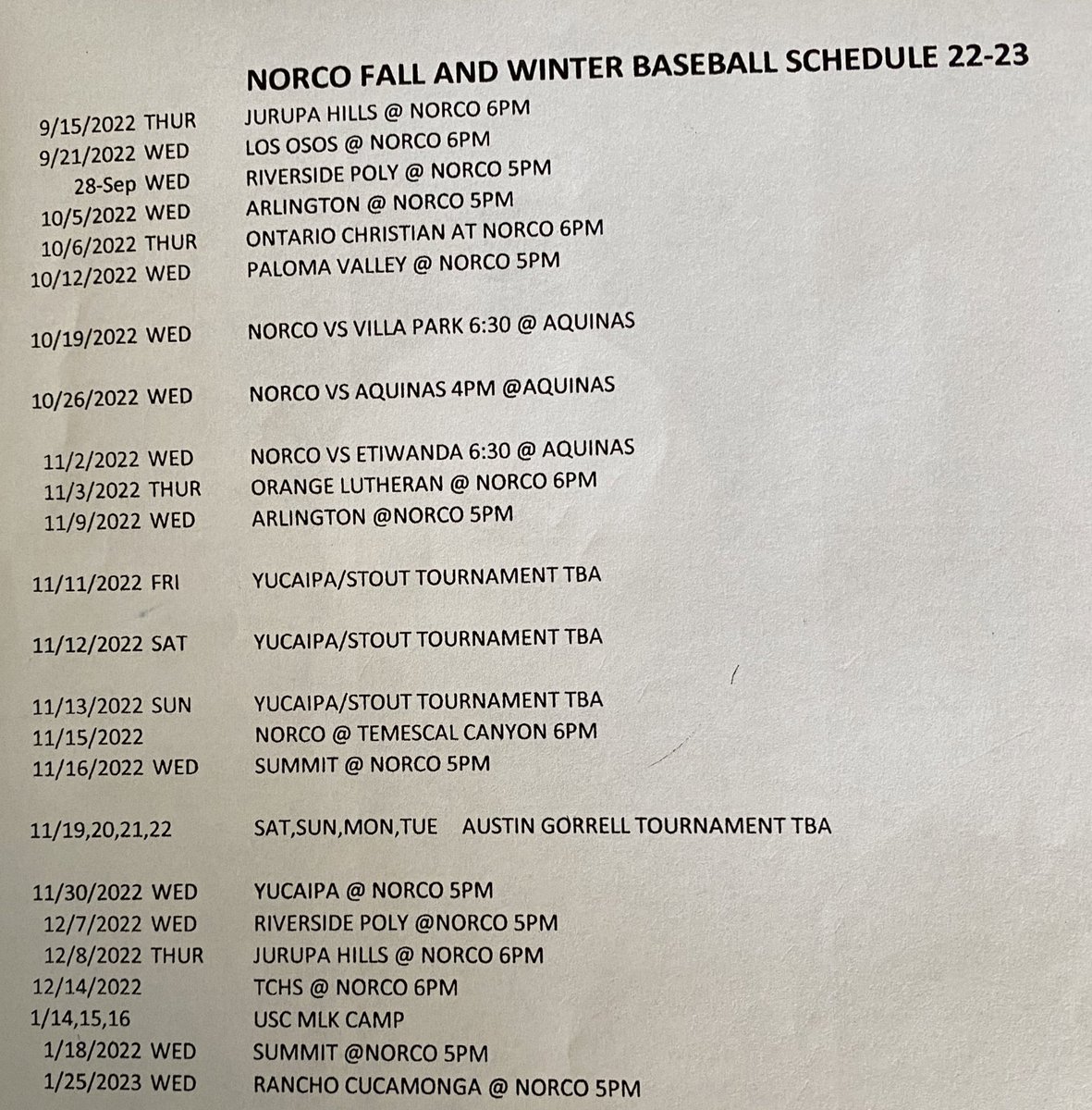 Norco Baseball (@norcobaseball_) on Twitter photo Our tentative varsity fall schedule for the 22-23 season! Can’t wait to have this group out competing again! @InlandEmpireBCA @PEcom_preps <a href="/AllNewEPJ/">Eric-Paul Johnson</a> <a href="/derryl_golfer/">Derryl Trujillo</a> <a href="/California_PG/">Perfect Game California</a> <a href="/LesLukach/">𝐋𝐞𝐬 𝐋𝐮𝐤𝐚𝐜𝐡</a> <a href="/Inland_Sports/">The Inland_Sports Show</a> <a href="/latsondheimer/">eric sondheimer</a> <a href="/CalHiSports/">Cal-Hi Sports</a> <a href="/SBLiveCA/">California High School On SI</a> Our tentative varsity fall schedule for the 22-23 season! Can’t wait to have this group out competing again! @InlandEmpireBCA @PEcom_preps <a href="/AllNewEPJ/">Eric-Paul Johnson</a> <a href="/derryl_golfer/">Derryl Trujillo</a> <a href="/California_PG/">Perfect Game California</a> <a href="/LesLukach/">𝐋𝐞𝐬 𝐋𝐮𝐤𝐚𝐜𝐡</a> <a href="/Inland_Sports/">The Inland_Sports Show</a> <a href="/latsondheimer/">eric sondheimer</a> <a href="/CalHiSports/">Cal-Hi Sports</a> <a href="/SBLiveCA/">California High School On SI</a>