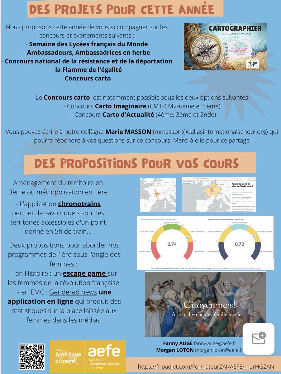 IRF_AEFE_ZAN's tweet photo. [Ressources pédagogiques #AEFE #FISNA]
Lettre #Histoire_Géographie #EMC ZAN N°11 / Septembre 2022

> Résultats des concours de l’année 
> Plan de #formation 
> Projets 2022-2023
> Propositions pour vos cours 

👩‍💻👨‍💻Rédacteurs : 
@AugeFanny &amp; @LotonMorgan

https://t.co/V4taD8P83P https://t.co/tn2lxOyXWN