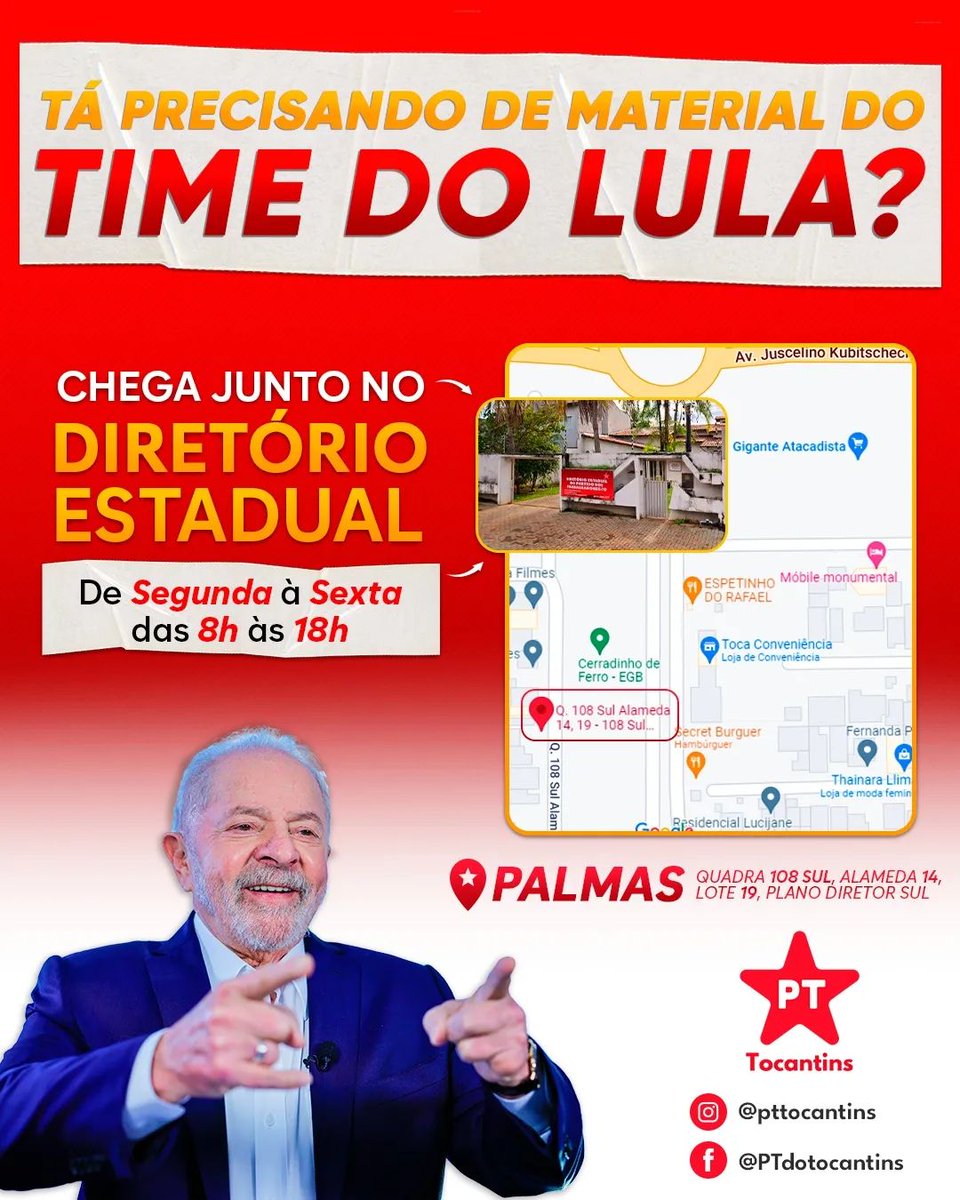 pttocantins's tweet photo. 🗣️ Ei, tá precisando de material do time do Lula? Cola no diretório estadual do PT TOCANTINS.

Passem aqui no nosso diretório e venham se equipar com os materiais dos candidatos e das candidatas do Brasil da Esperança, vamos para a rua esperançar o Brasil e o Tocantins!! ✊🏾🌟 https://t.co/YhtZnuzAoD
