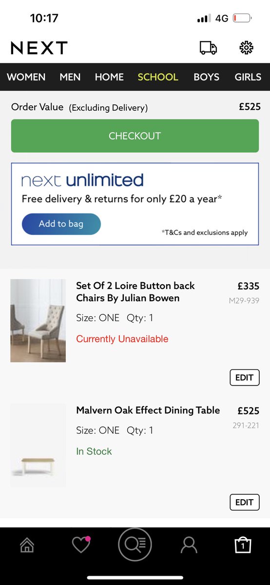 MichRedhead's tweet photo. @nextofficial please can you tell me why these chairs I had in my basket are saying ‘currently unavailable’ but when I go to the product listing they are in stock but £15 more expensive!? https://t.co/0i8eOgICUs