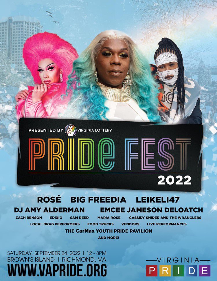 VA_Pride's tweet photo. Pride Fest is back and better than ever! 🏳️‍🌈🥳🏳️‍⚧️ Join us Saturday Sept. 24th from noon to 8pm on Brown’s Island for food, fun, and fantastic performances by @bigfreedia, @omgheyrose &amp; @leikeli47. https://t.co/7PNofOBG1m
