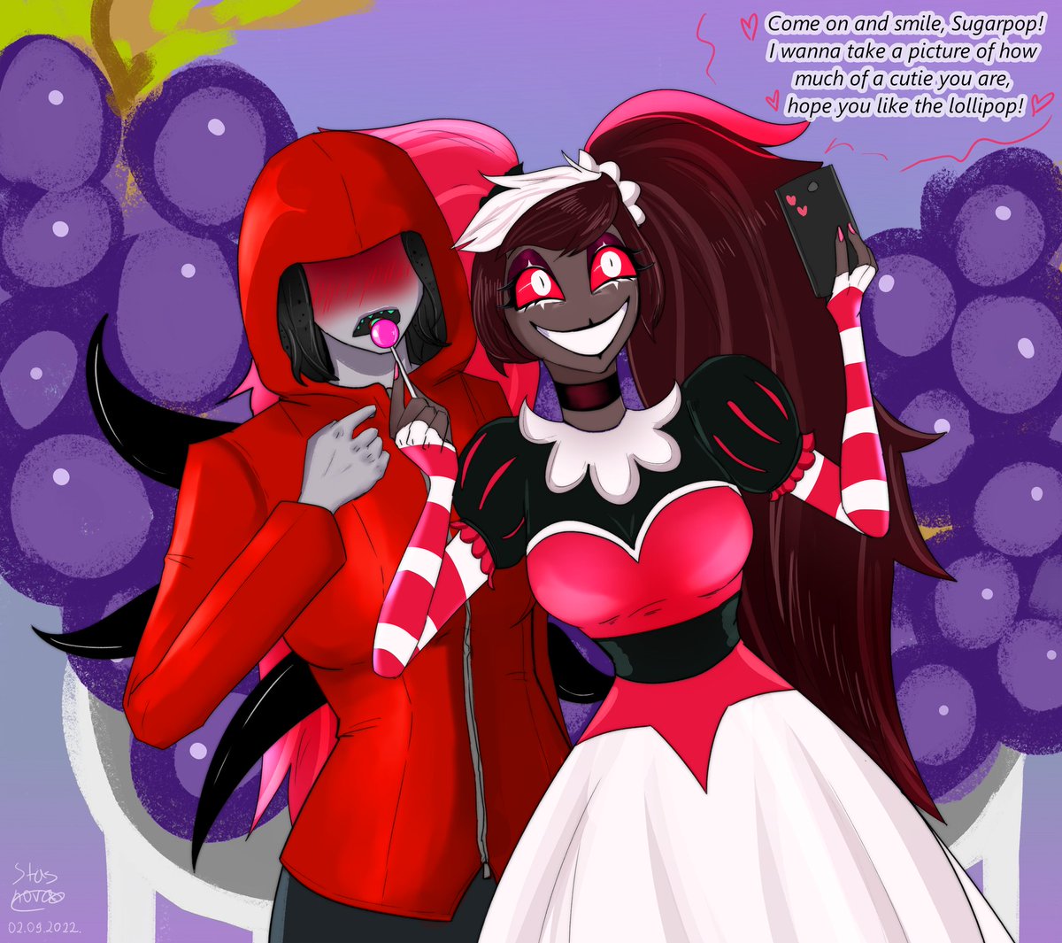 GuerrillaBeards's tweet photo. Commissioned @Void_Squid to draw Velvet and my sona (yes is a ship 😳👁) together taking a selfie and they did amazing :D
I also made a joke about them taking a selfie infront of the world's largest grapes which lead to the bg & 2nd pic 😂
#HazbinHotel #Velna #HazbinHotelVelvet https://t.co/RmxzYJXU8G