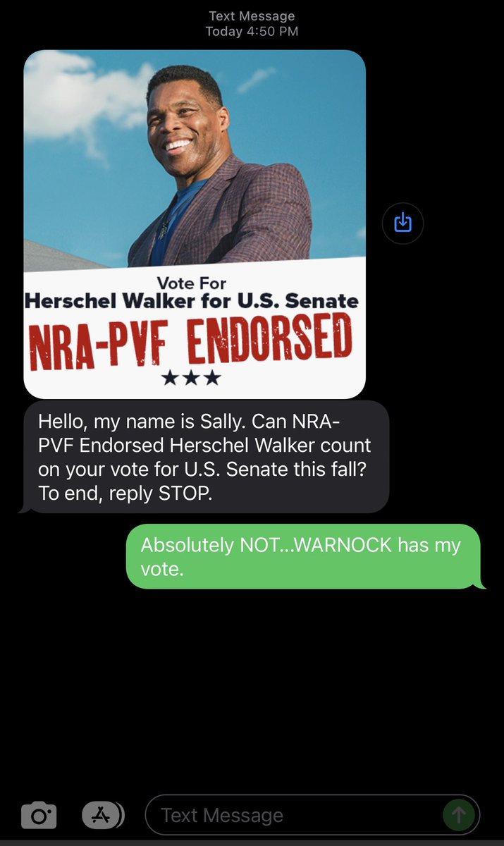 MarckeithD's tweet photo. This made my day to let another Republican know that @SenatorWarnock has my vote! Now, can I get another request to vote for Kemp so I can HELL NO 😂 https://t.co/vPI2MwjloY