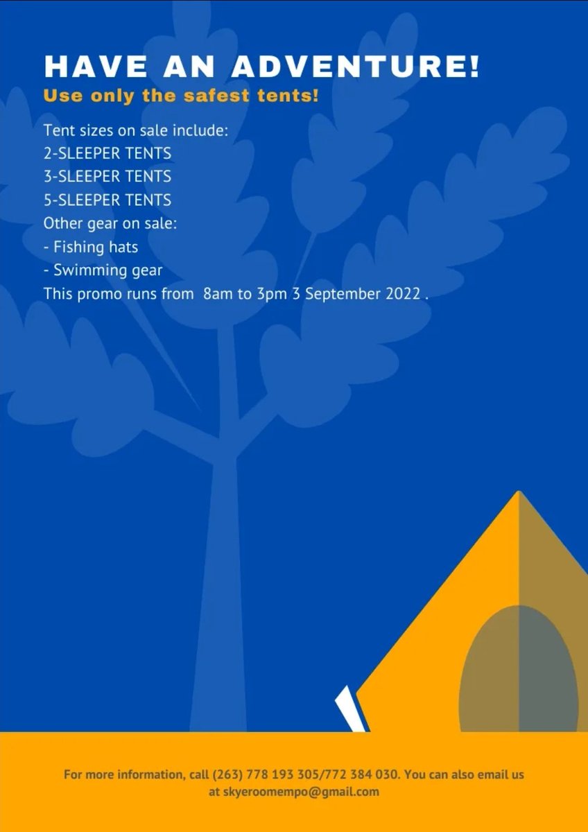 skyeroom's tweet photo. Outdoor adventure tents sale. Get up to 5 % off on our previous collection! Visit our stall at Borrowdale Racecourse. See you there!!
Call 0778193305/0772384030

Offer only valid from 8 to 3 pm 3 September 2022
#tents #camping #swimming #fishing #wildlife #sale #foldabletables https://t.co/VTnFH3aWkT