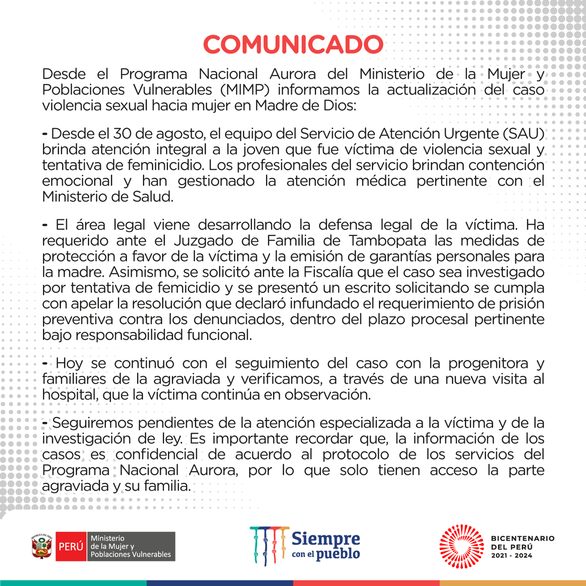 MimpPeru's tweet photo. Desde el Programa Nacional Aurora del MIMP informamos la actualización del caso violencia sexual hacia mujer en Madre de Dios
#NoMásViolencia #NadaJustifica https://t.co/ucwzQz1tjh