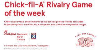 MHS has been selected as the Fox 8 Rivalry Game of the Week on Fri., 9/9, against Stow.  Students, staff, &amp; the community are encouraged to collect canned goods during game week to benefit Feeding Medina County.  Collection boxes are located at each school this coming week.