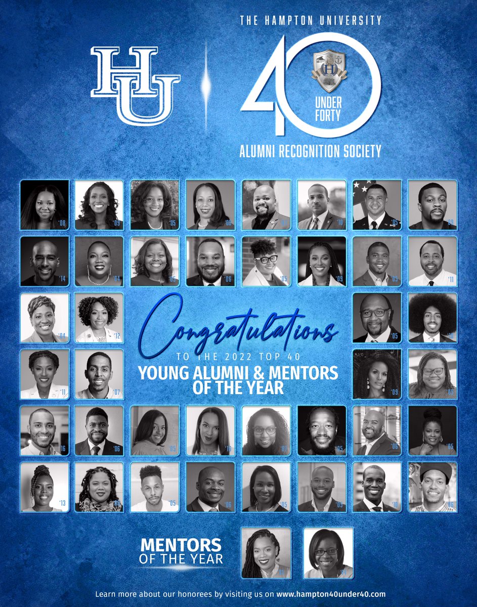HamptonU_Alumni's tweet photo. Congratulations to the 2022 Top 40 Young Alumni &amp; Mentors of the Year for the Hampton University Forty Under 40 Society! We honor each of these individuals for their successes and this most recent accomplishment.  Help us celebrate them. https://t.co/vGO8J5dPkJ