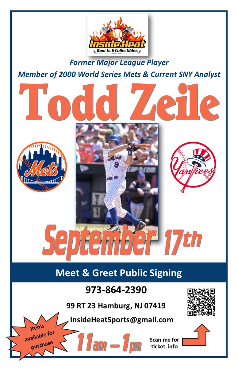 Meet former Major leaguer and current SNY Analyst @Todd_Zeile at @InsideHeatSpor1 Sept 17th 11 AM - 1 PM . Stop by and get the Zeile of Approval #meetthemets #athletesignings #7line #metsmerized