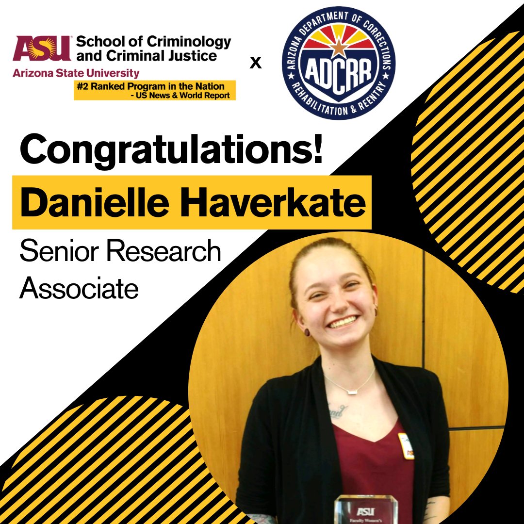 Congratulations to Danielle Haverkate (<a href="/dhaverka/">Danielle Haverkate</a>), who has accepted a position as a Senior Research Associate in <a href="/AZCorrections/">AZ DEPT OF CORRECTIONS, REHABILITATION & REENTRY</a>. We wish you luck in your new role! #BeTheSolution