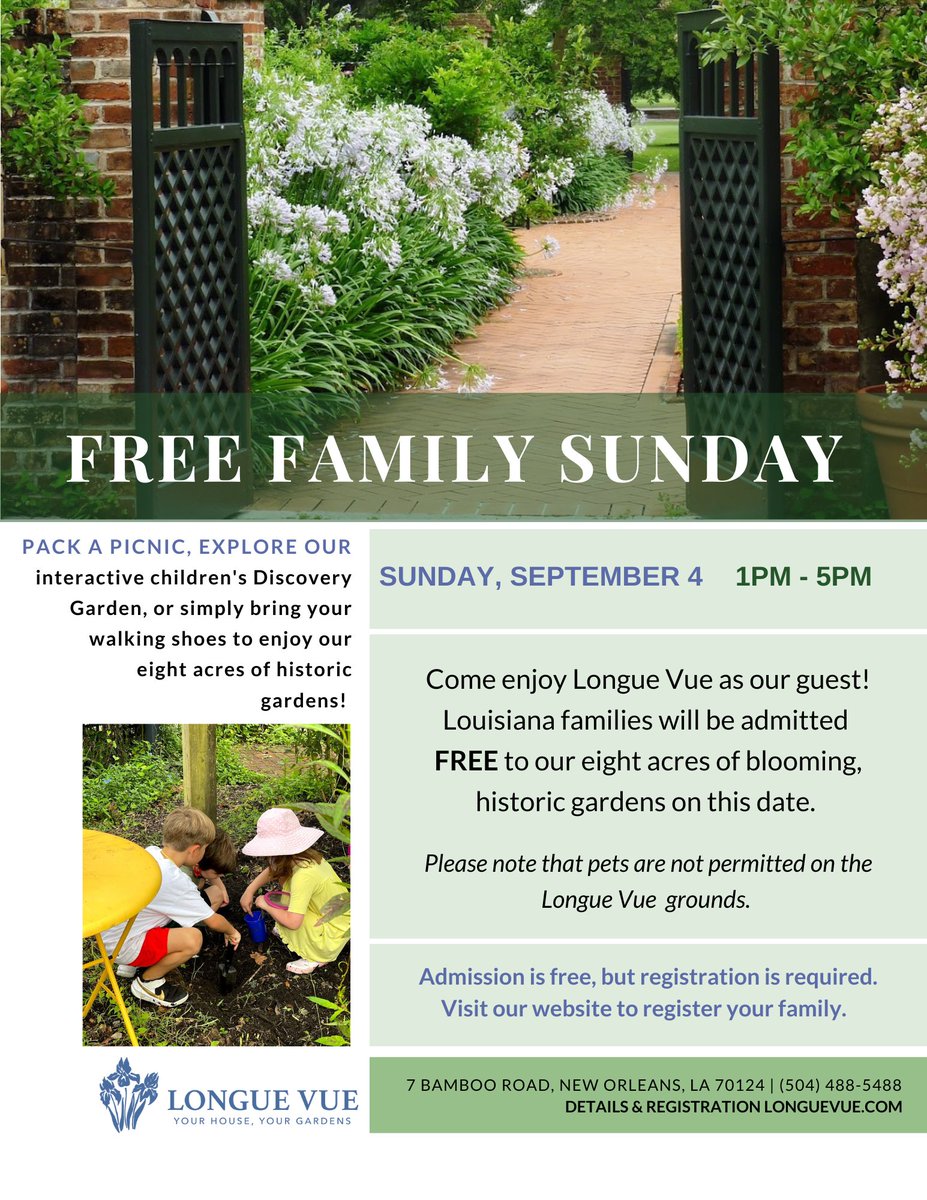 Join us this Sunday for our monthly Free Family Sunday event! Louisiana families enjoy our eight acres of historic gardens FREE from 1PM to 5PM!

Visit our website to register and reserve your spot.

Register here: bit.ly/3cGdPTE