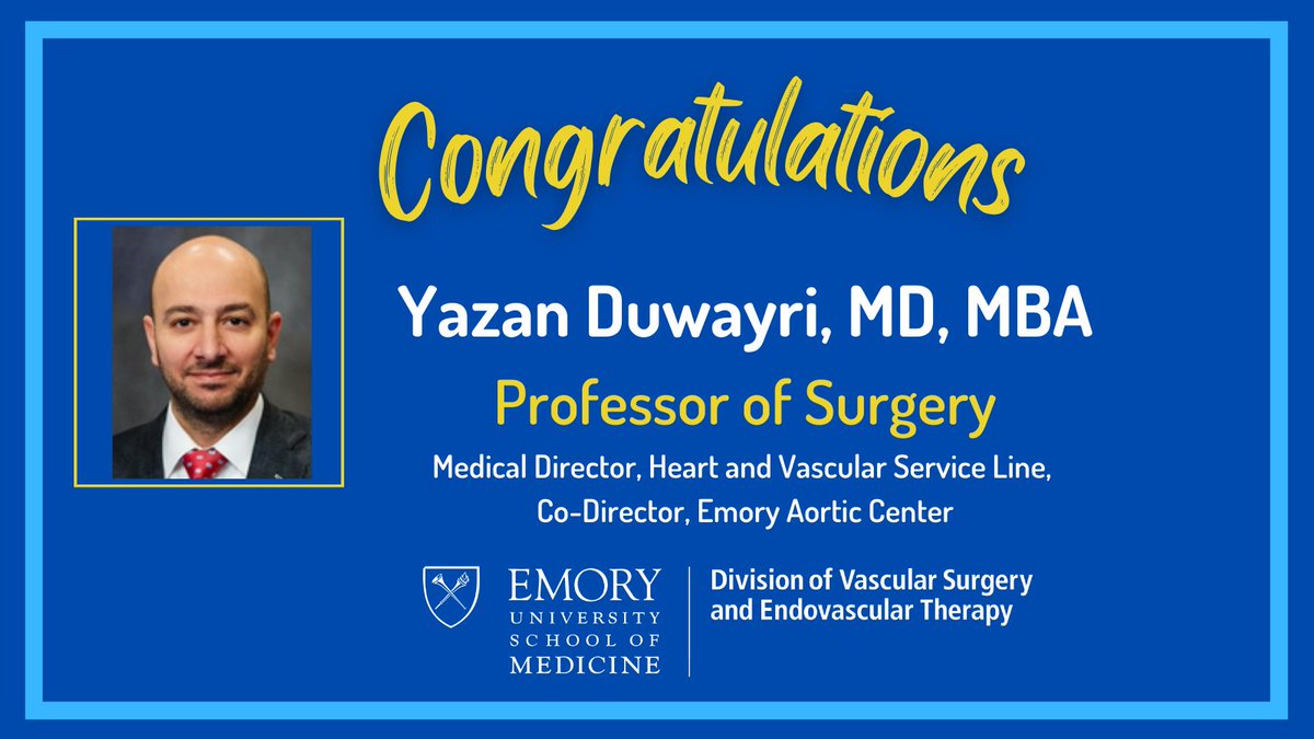 Emory Division of Vascular Surgery (@emoryvascsurg) on Twitter photo Congrats to <a href="/YDuwayri/">Yazan Duwayri</a> on his promotion of Professor of Surgery! A well deserved recognition of your talents and contributions to <a href="/EmoryMedicine/">Emory School of Medicine</a> Congrats to <a href="/YDuwayri/">Yazan Duwayri</a> on his promotion of Professor of Surgery! A well deserved recognition of your talents and contributions to <a href="/EmoryMedicine/">Emory School of Medicine</a>