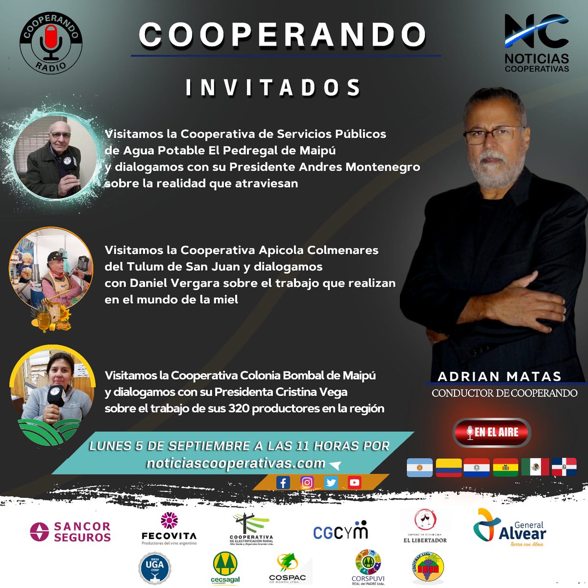 Cooperando 🎧
Lunes 05 de Septiembre 11 hs 
por noticiascooperativas.com 
para toda la región 
<a href="/INAESarg/">INAES ARGENTINA</a> @AlexRoig_inaes <a href="/sisanjuanok/">sisanjuanok</a> <a href="/urquizadaniel/">Daniel Urquiza</a>
<a href="/roncoronia/">Antonio SV Roncoroni</a> @EconomiaMza <a href="/gladysbaez1/">Gladys Baez</a> <a href="/c_iannizzotto/">Carlos Iannizzotto</a> <a href="/coopercargoarg/">¡COOPER CARGO!</a> <a href="/elchasquimza/">MUDANZAS EL CHASQUI</a> <a href="/JULIANT74831955/">JULIAN TOMAS</a> <a href="/ansolnoticias/">anSOL - Noticias</a> @