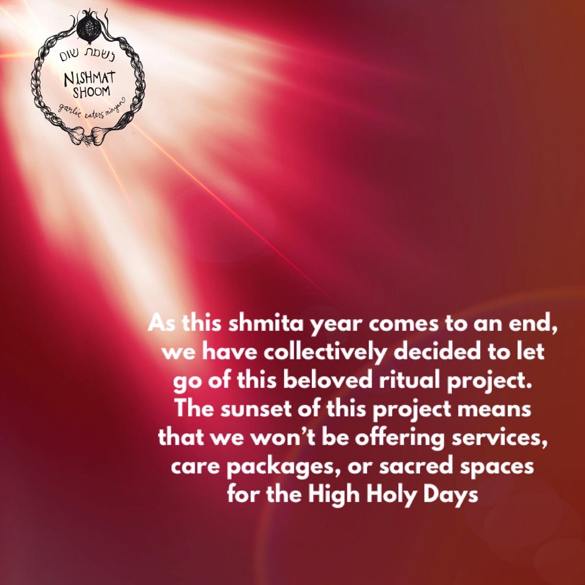 NishmatShoom's tweet photo. As this shmita year comes to an end, we have collectively decided to let go of this beloved ritual project. More about our decision and ways that our beloved community can be part of this moment with us: 
https://t.co/LFmgJ00Ps9 https://t.co/4XmEQCMqR2